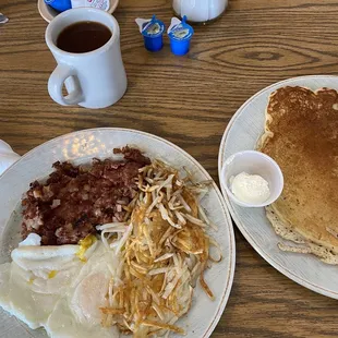 Corn beef hash with a side of pancake