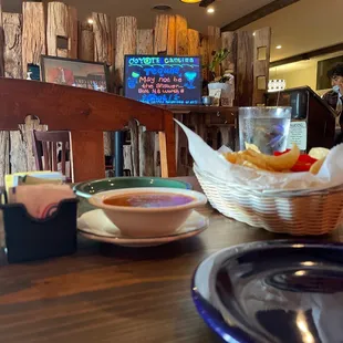 Bar area, chips and salsa.