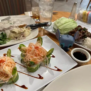 a variety of food items on a table