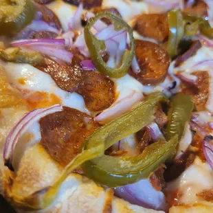 Up close Chorizo Pizza