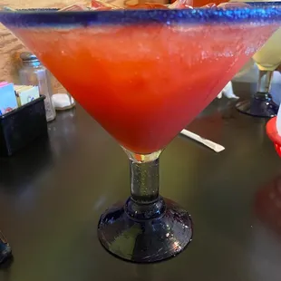 A delicious, and large, strawberry margarita made from wine, not tequila