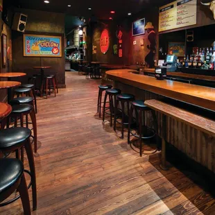 a bar with wooden tables and stools