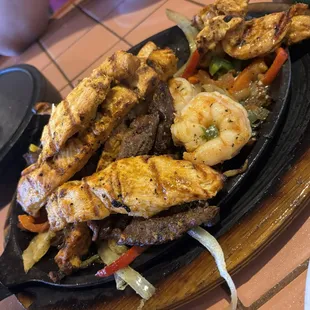 Shrimp, chicken and steak