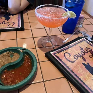 Salsa and Bean dip with a refreshing Prickly Pear Margarita.