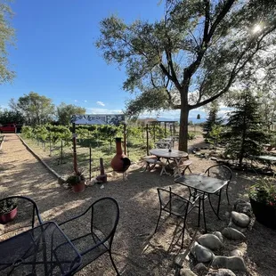 Outside seating area with winery next door