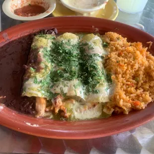 Enchiladas Suiza Great presentation and very flavorful. I got the chicken and had to choose between green sauce or enchilada sauce.l