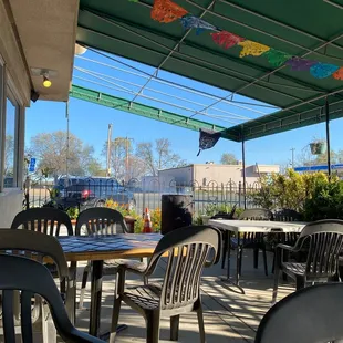 tables and chairs on a patio