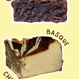 Brownie Square and a Sliced Basque Cheesecake.