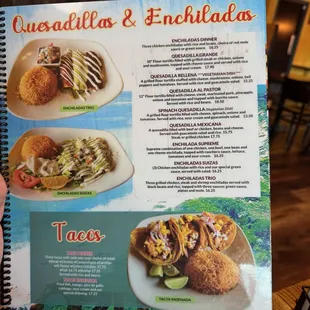 quesadillas, enchiladas and taco menu