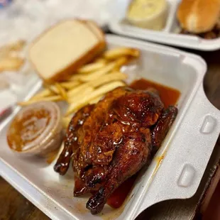 Smokey BBQ Chicken with Fries and some baked beans!