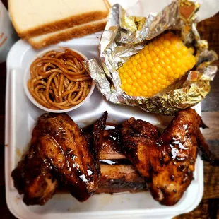 2 ribs, 2 wings, corn &amp; bbq spaghetti