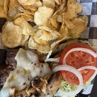 Cozy burger with Swiss and mushrooms
