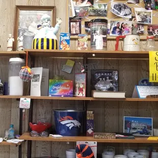 a shelf full of items