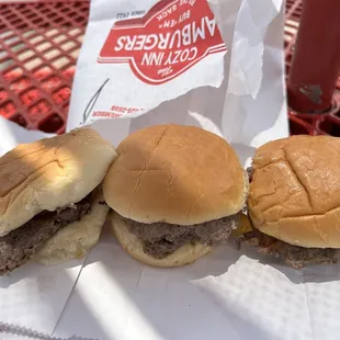 Cozy Inn Hamburgers with pickles, mustard and ketchup