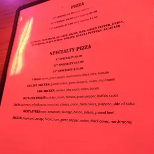 a menu for a pizza restaurant