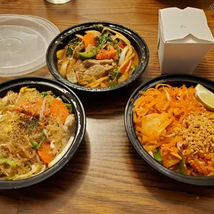 L to R: pad woo sen chicken, pad prik beef, pad thai chicken