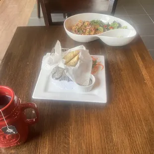 Hot Tea With Tofu Salad And Vegetable Pot Stickers