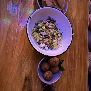 Corn dip and fried goat cheese balls with hot honey