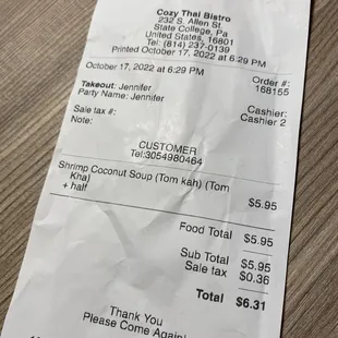 the receipt for the restaurant