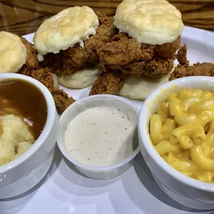 Fried chicken &amp; biscuits, mashed potatoes &amp; gravy, with Mac and cheese.