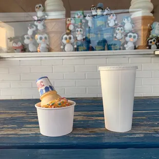 $14 worth of ice cream Pictured.  $16.10 bill because we were asked to leave a tip.  Medium milk shake and small Ice cream.