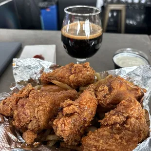 Cool wings and soggy fries after being ordered extra crispy