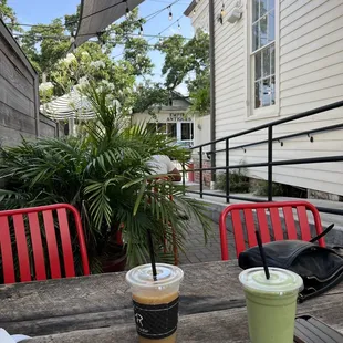 Latte, Froz Matcha, egg bites in CR side courtyard!