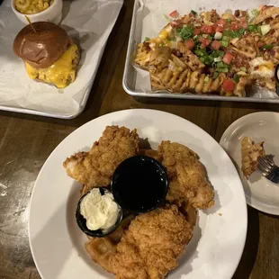 Waffles and chicken, Idaho nachos, gooey onion burger with Mac and cheese