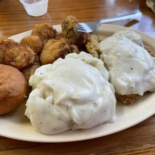 Country fried steak, mashed potatoes and fried squash!
