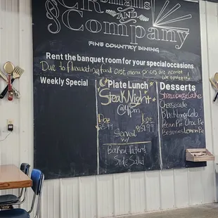 Specials board and dessert menu