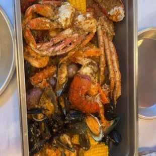 Boil Combo 3 Sweet Potato Fries Potatoes Lobster Tail Crawfish King Crab Legs Snow Crab Legs Black Mussel Green Mussel Clam Shrimp Head On