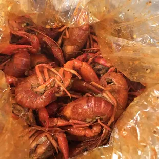 Spicy garlic butter crawfish. So good and sooo spicy. I was crying, but I couldn&apos;t stop eating it.