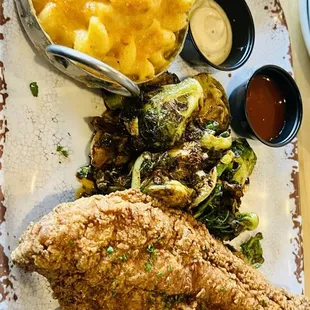 This entire plate was dynamite! The catfish was perfectly seasoned and fried ( not greasy). The brussel sprouts . Mac and cheese .