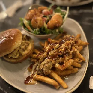 Stackanator meal. Lump-crab meat sandwich, firecracker shrimp salad, and crab fries.