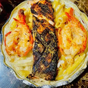 The Island Pasta to Go!! Look at the Jumbo Shrimp !! and the sear!!!