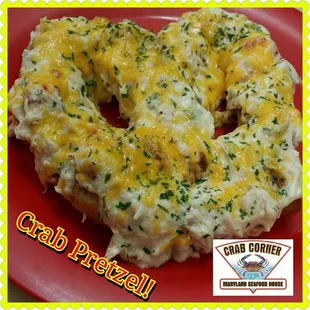Bavarian Soft Pretzel covered with our famous Crab Dip!