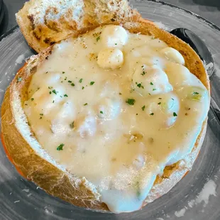 Clam chowder in a bread bowl