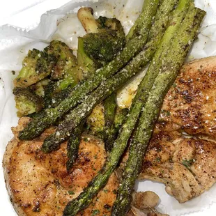 chicken, asparagus, and broccoli