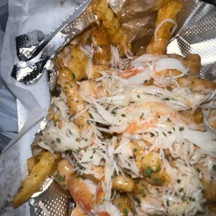 crab and cheese fries in foil