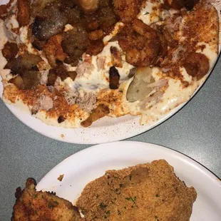 Crab and shrimp Alfredo potatoes with Texas toast and baked and fried tilapia