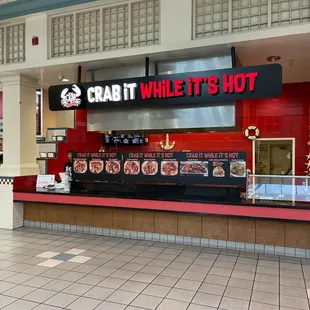 A picture of the building from the food court inside the mall