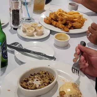 Crab cakes no go.  Sauce a go.   Rice = no go