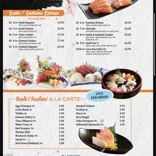 menu, sushi and sashimi