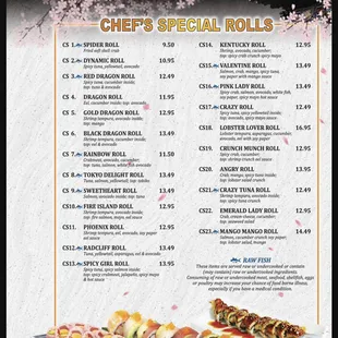 sushi and sashimi, menu