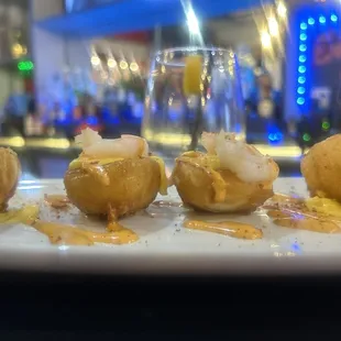 Deep fried shrimp deviled eggs