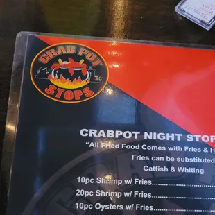 menu for crabpot night stop