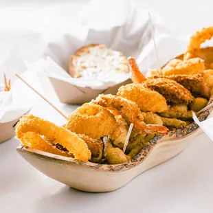 a variety of fried food items