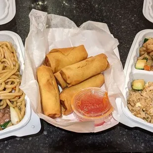 House special chow mein, egg rolls, cashew chicken with fried rice