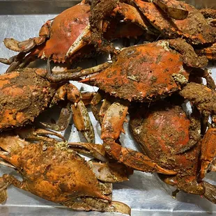 crabs on a metal tray