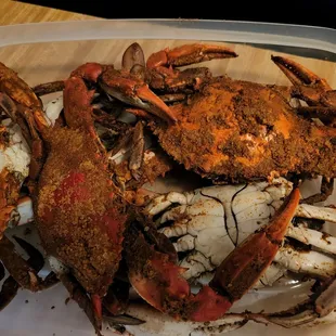 a tray of crabs on a table